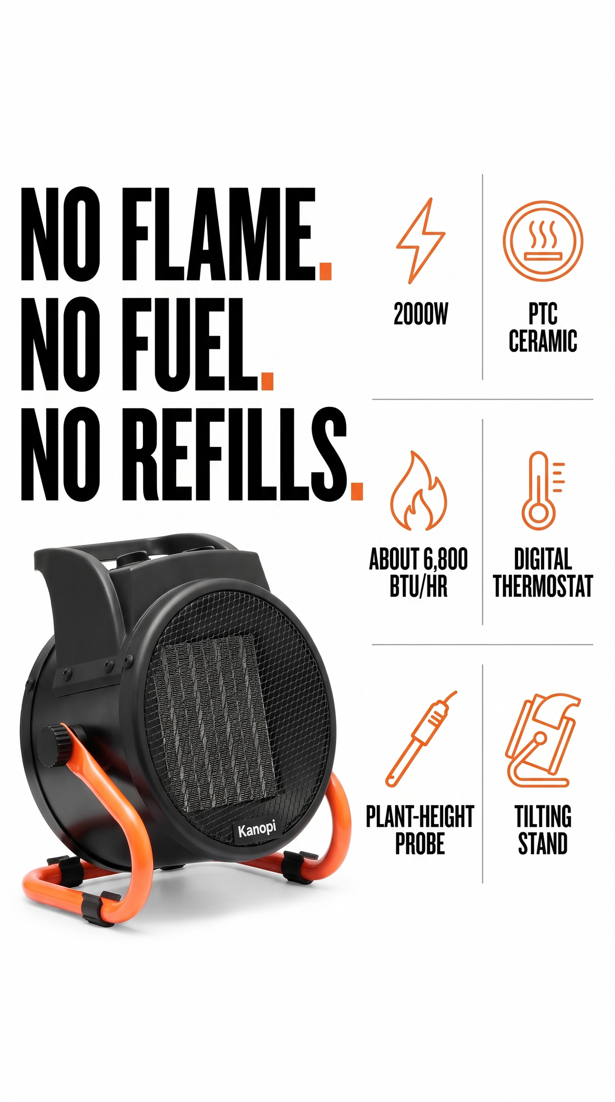 No flame, no fuel, no refills: 2000W, PTC ceramic, about 6,800 BTU/hr, digital thermostat, plant-height probe, tilting stand