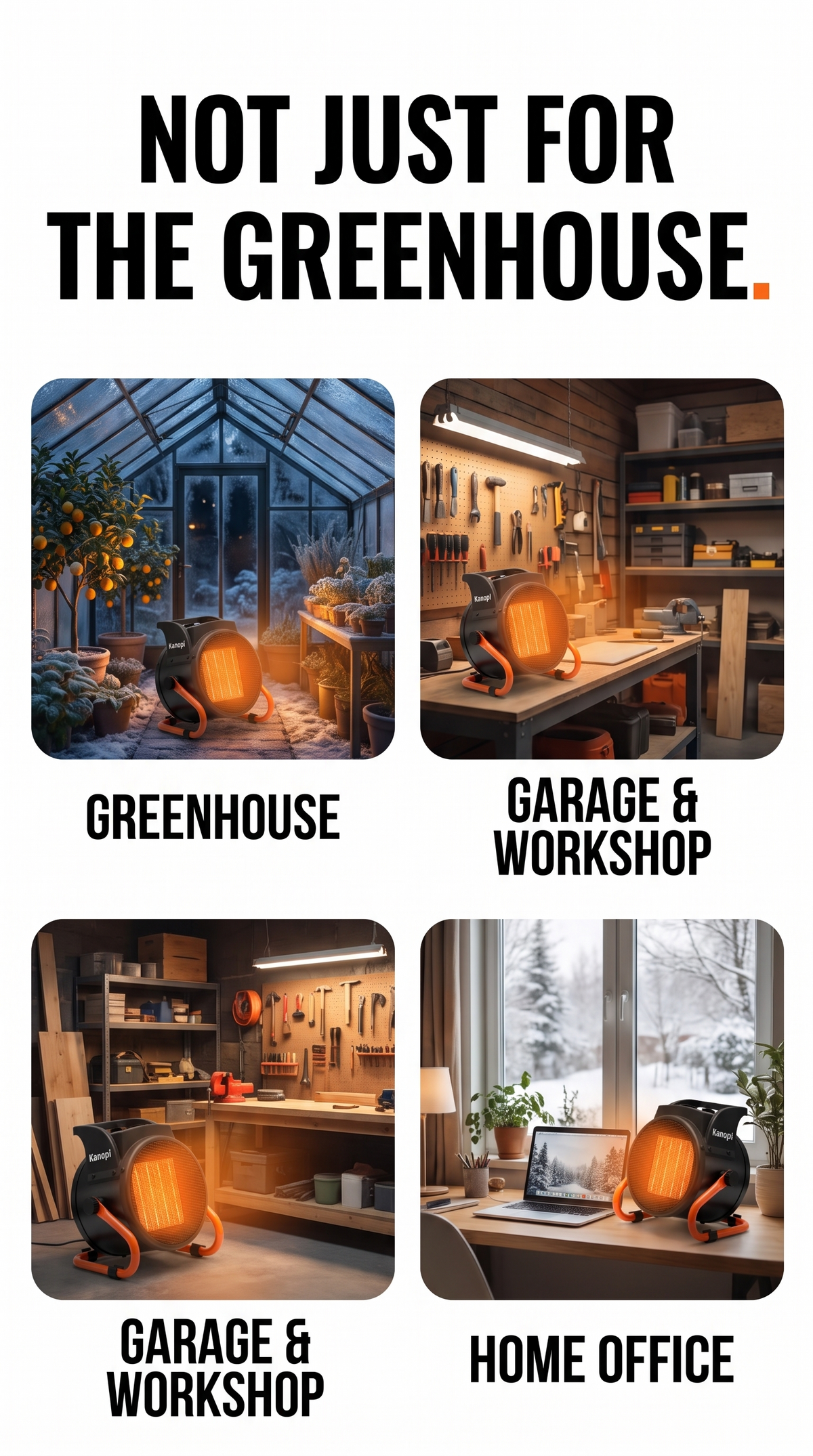 Not just for the greenhouse: the Kanopi heater in a greenhouse, a garage workshop and a home office