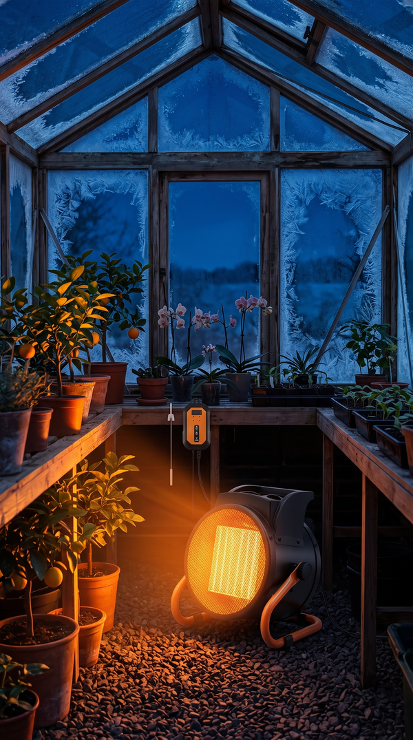 Kanopi 2000W heater glowing in a frosted greenhouse at night, with the digital thermostat on the bench