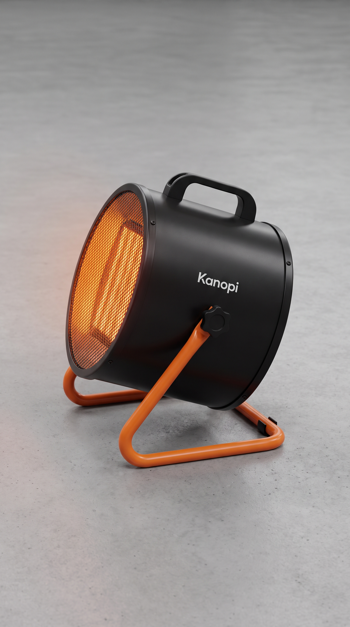 Kanopi 2000W PTC heater from the side: matte black drum, carry handle and orange tilting stand