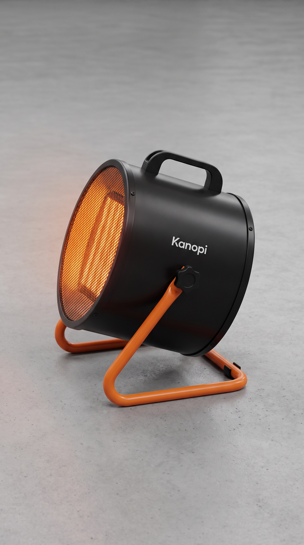 Kanopi 2000W PTC heater from the side: matte black drum, carry handle and orange tilting stand