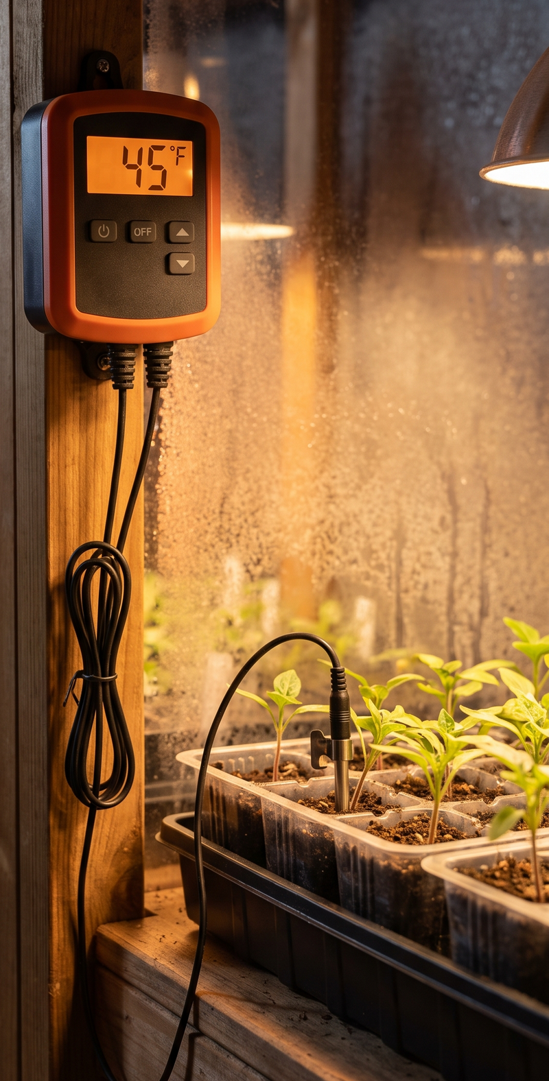 Kanopi digital thermostat on a greenhouse post reading 45°F, with its probe clipped among seedlings at plant height